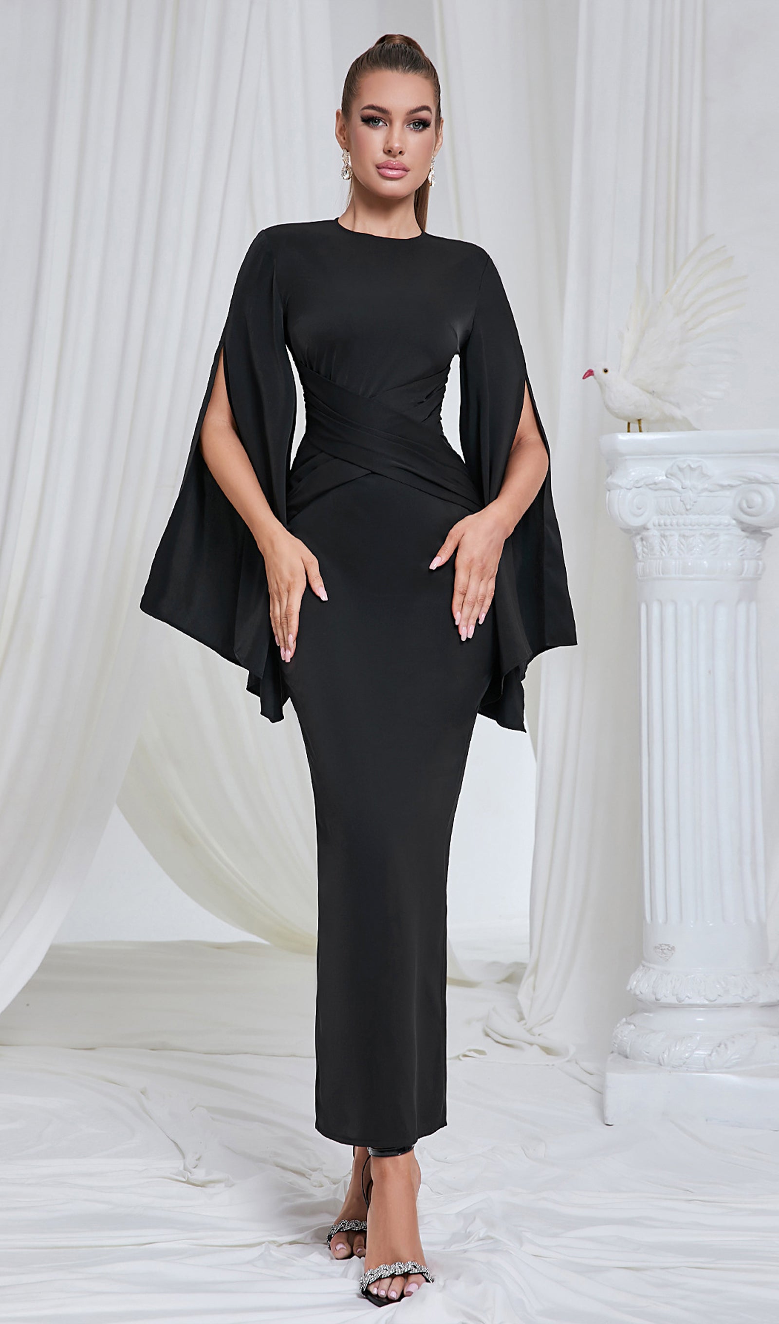 knee length dresses for ladies Madeleine | Black Fishtail Maxi Dress with Bardot Mesh Long Sleeves main image 0