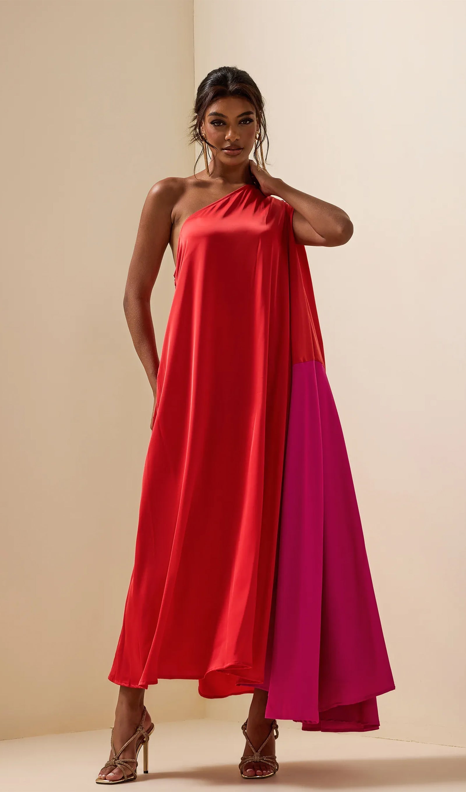 color block silk dress Vineyard Views Satin Color Block Midi Dress in Purple Curves