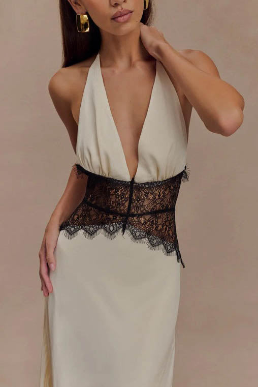 Halter Patchwork Sırt Dekolteli Seksi Uzun Elbise