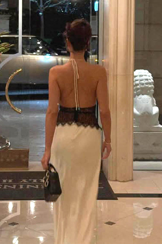 Halter Patchwork Sırt Dekolteli Seksi Uzun Elbise
