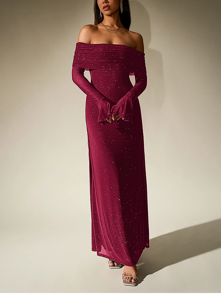 İndi Omuzları Açık Işıltılı Elbise