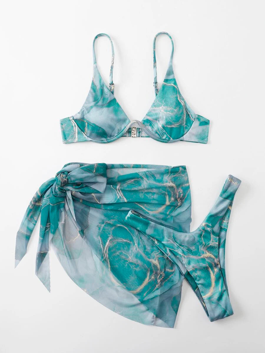 Mermer Desenli Düğümlü Bohem Bikini Takımı