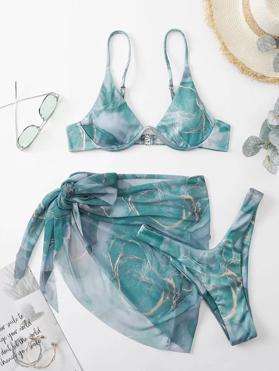 Mermer Desenli Düğümlü Bohem Bikini Takımı