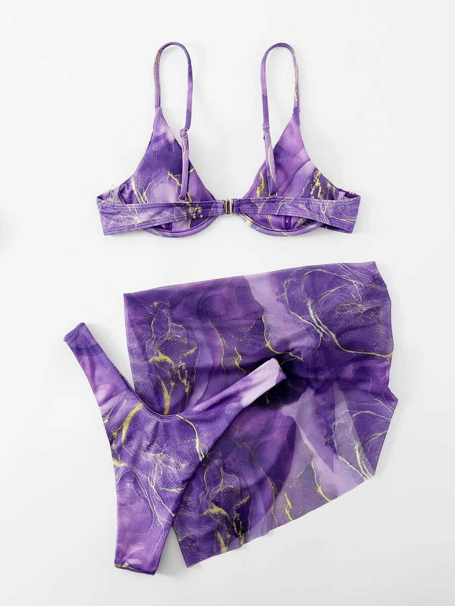 Mermer Desenli Düğümlü Bohem Bikini Takımı