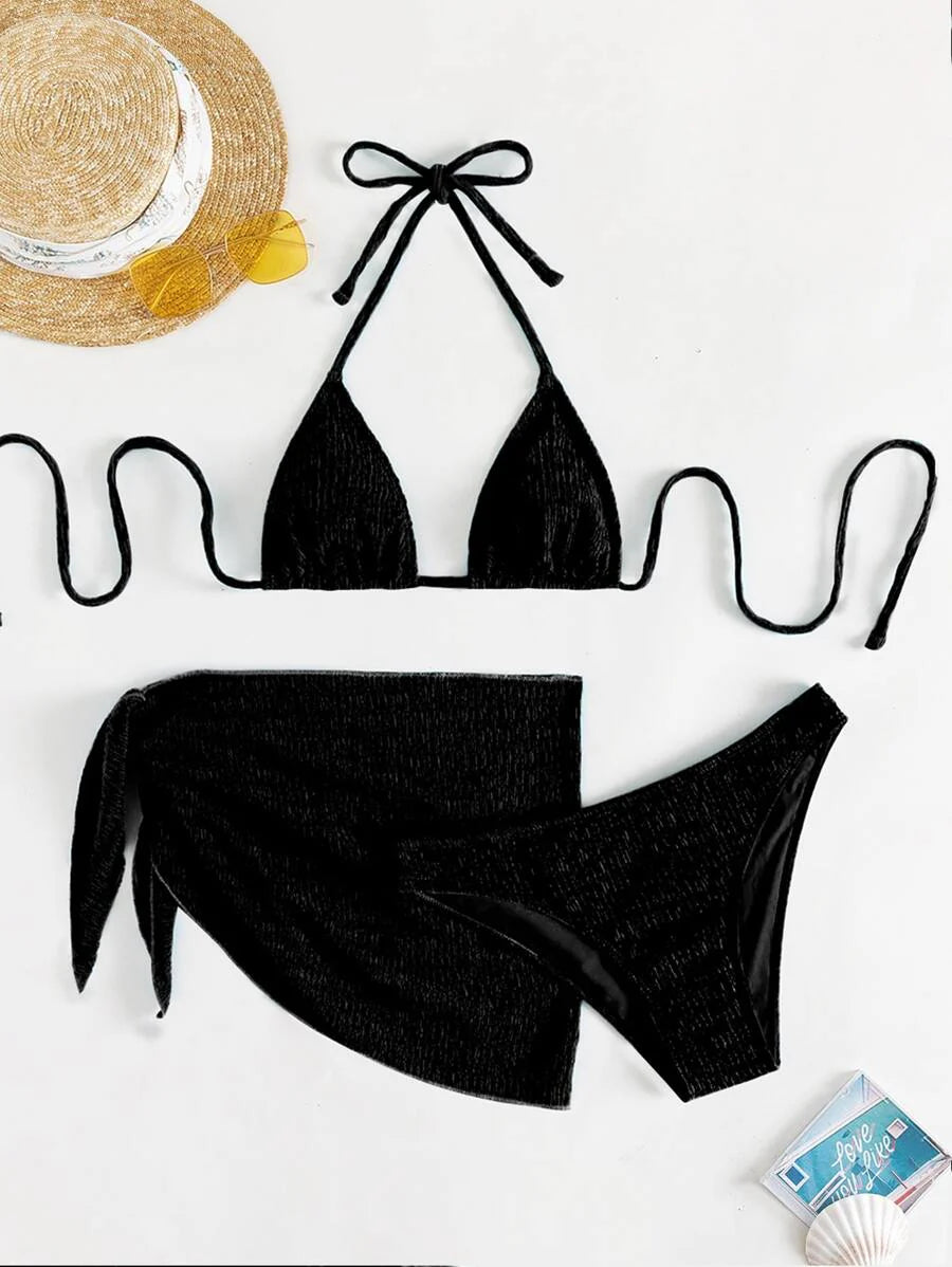 3 Parça Bikini Ve Düğümlü Mini Etek Takımı