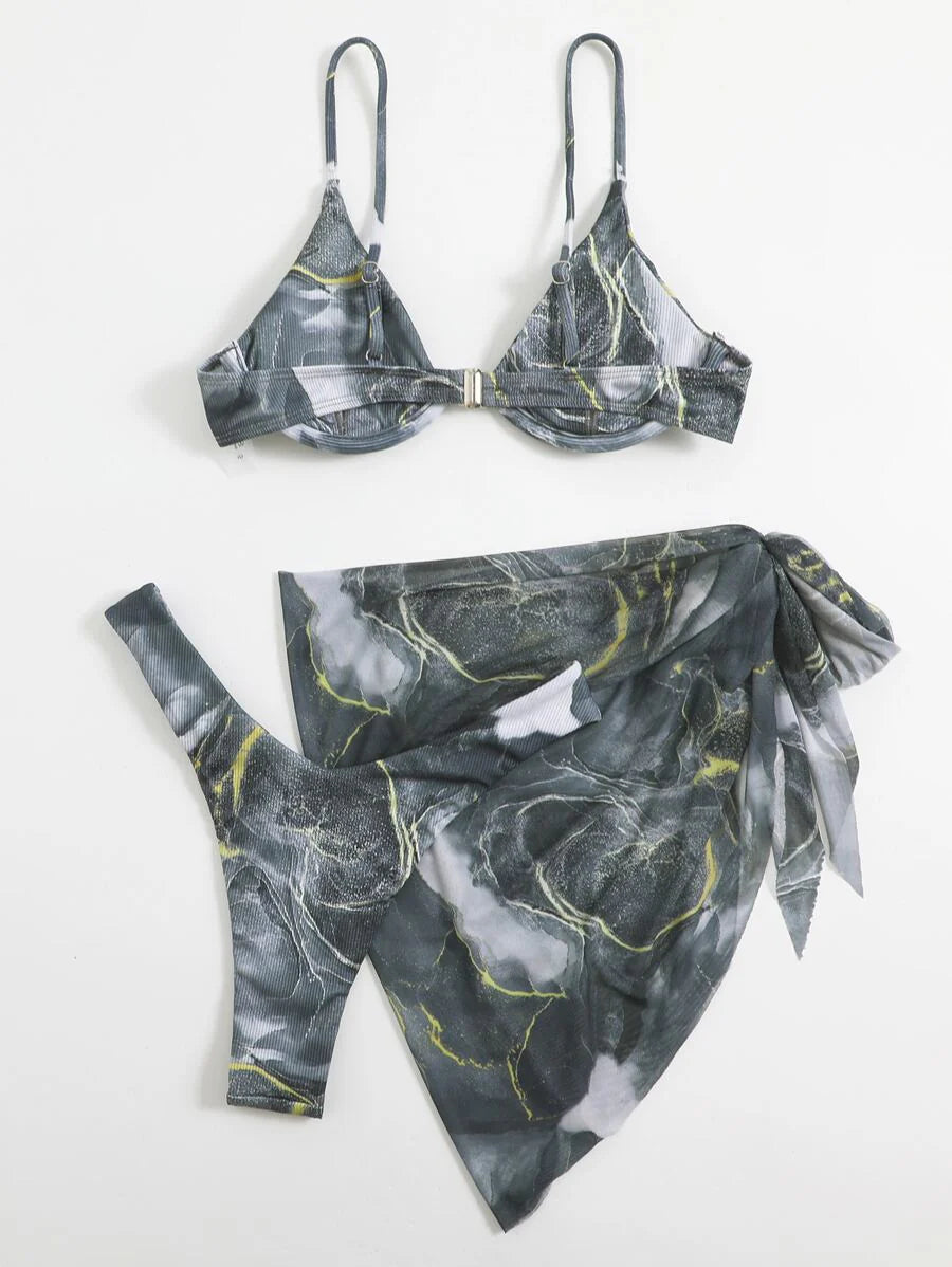 Mermer Desenli Düğümlü Bohem Bikini Takımı