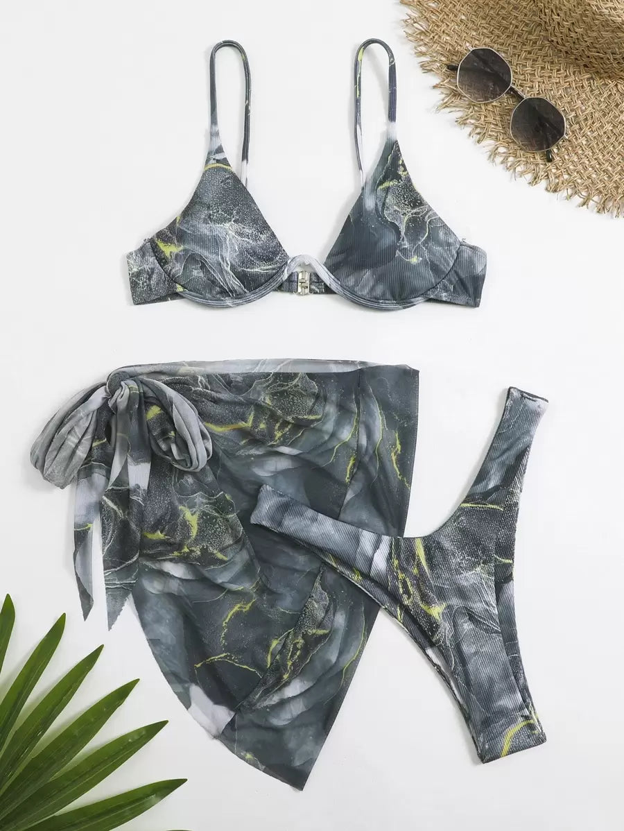 Mermer Desenli Düğümlü Bohem Bikini Takımı