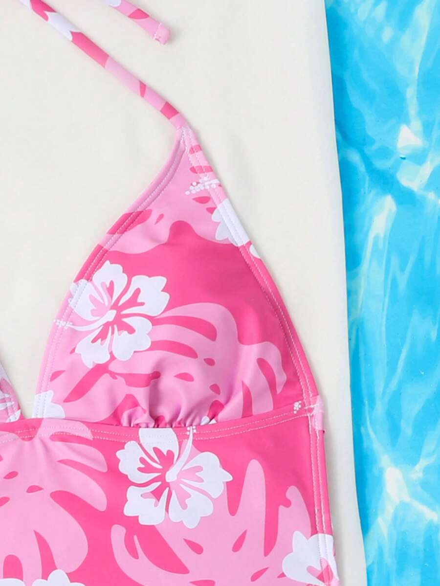 Dantelli Çiçek Desenli Düğümlü Tankini Takımı