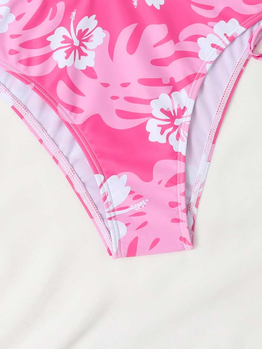Dantelli Çiçek Desenli Düğümlü Tankini Takımı