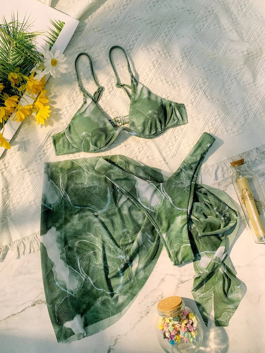 Mermer Desenli Düğümlü Bohem Bikini Takımı