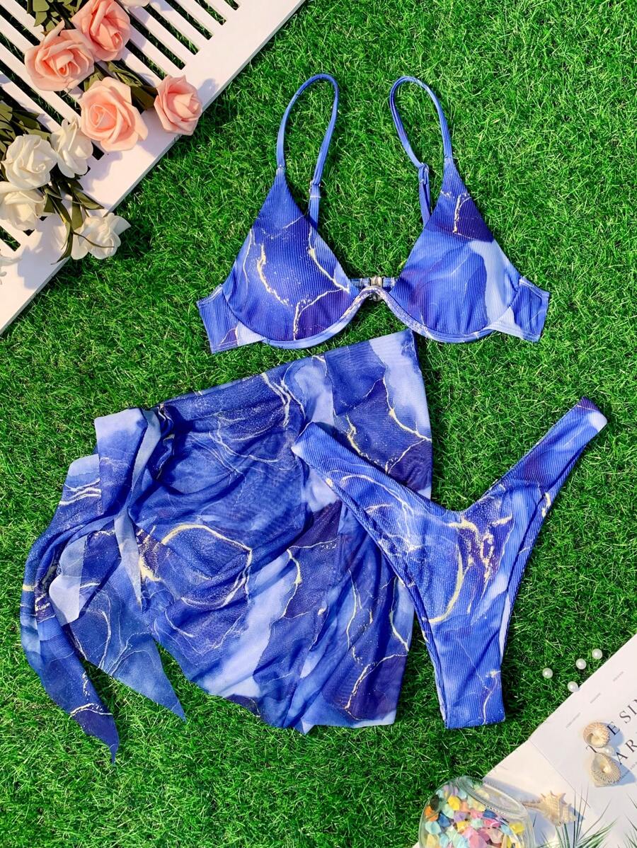 Mermer Desenli Düğümlü Bohem Bikini Takımı