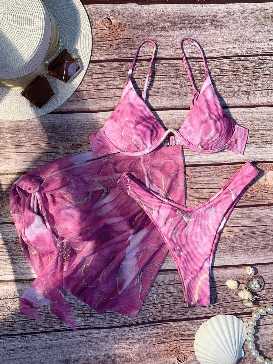 Mermer Desenli Düğümlü Bohem Bikini Takımı