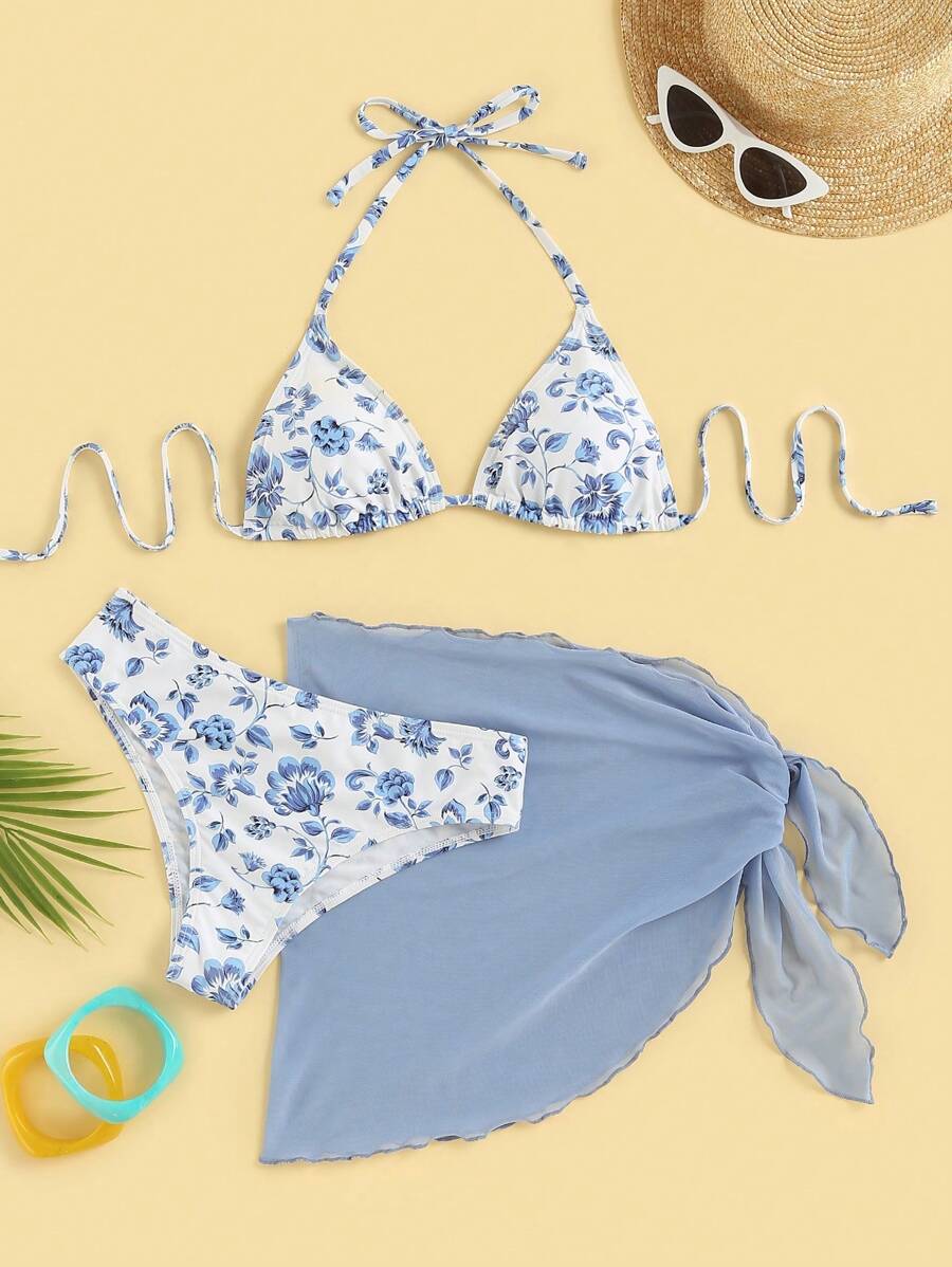 Düğüm Detaylı Çiçek Desenli Bikini Takımı