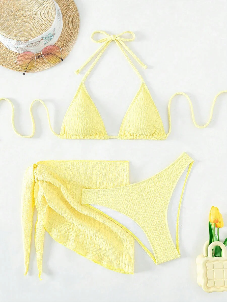 3 Parça Bikini Ve Düğümlü Mini Etek Takımı