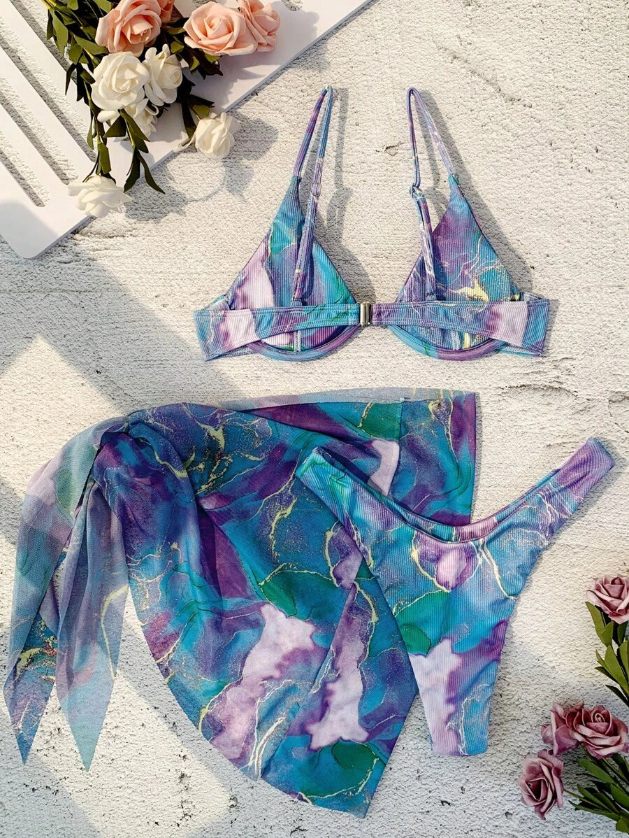 Mermer Desenli Düğümlü Bohem Bikini Takımı
