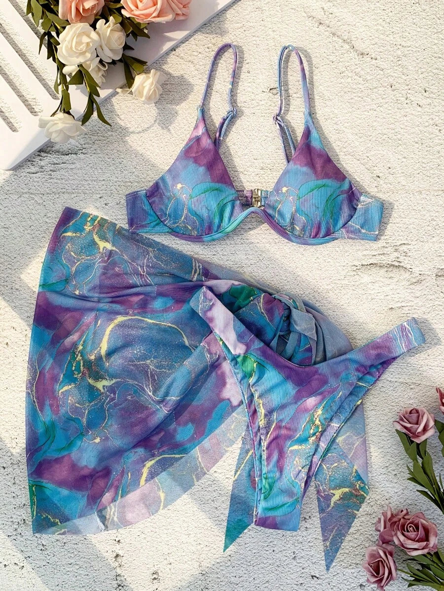 Mermer Desenli Düğümlü Bohem Bikini Takımı