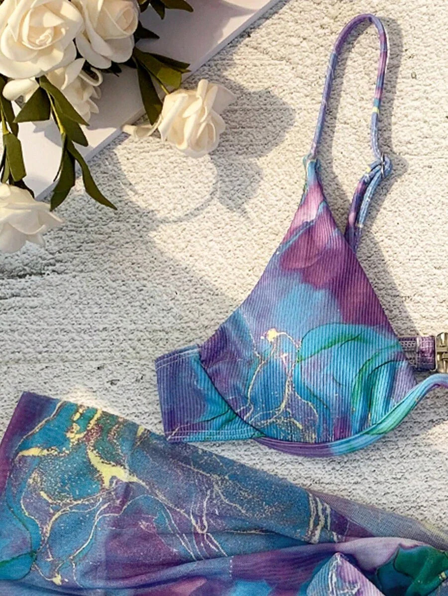 Mermer Desenli Düğümlü Bohem Bikini Takımı