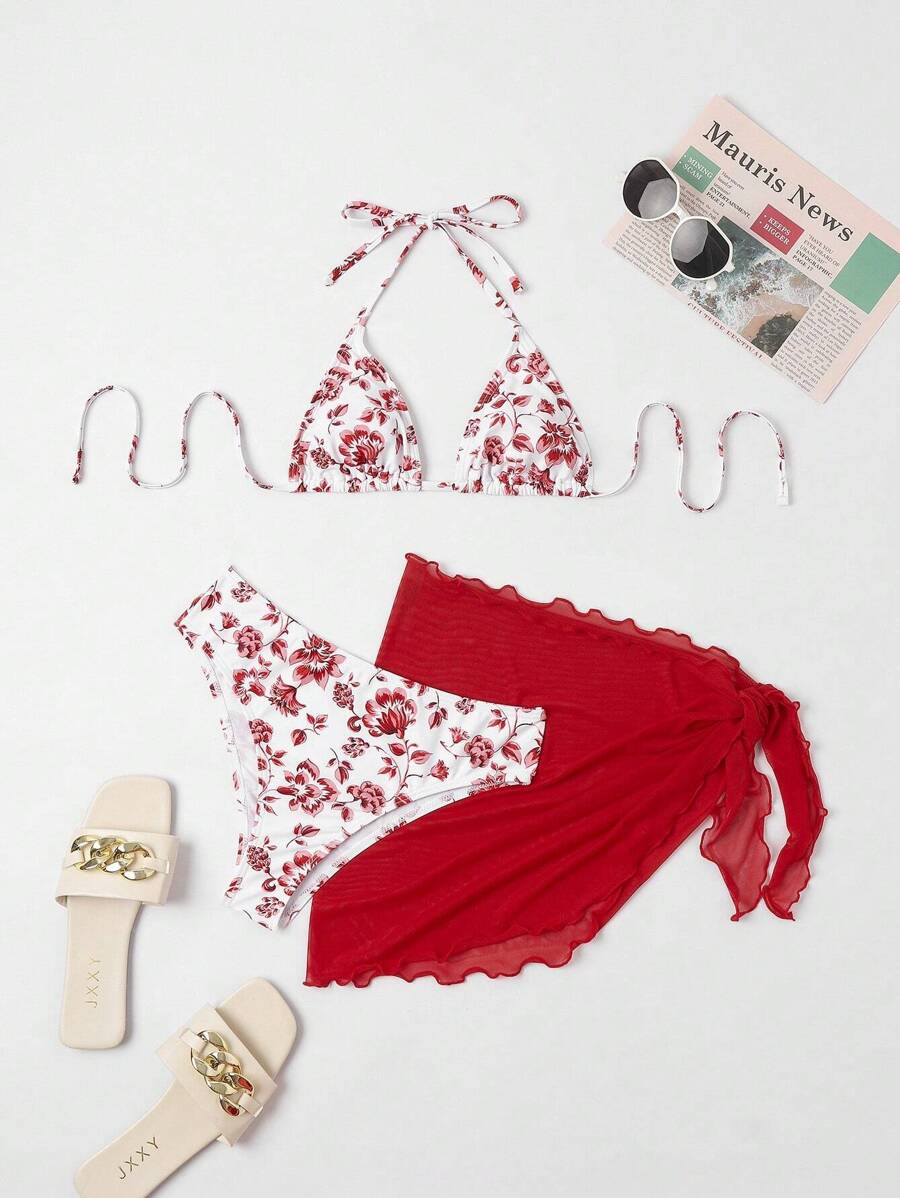 Düğüm Detaylı Çiçek Desenli Bikini Takımı
