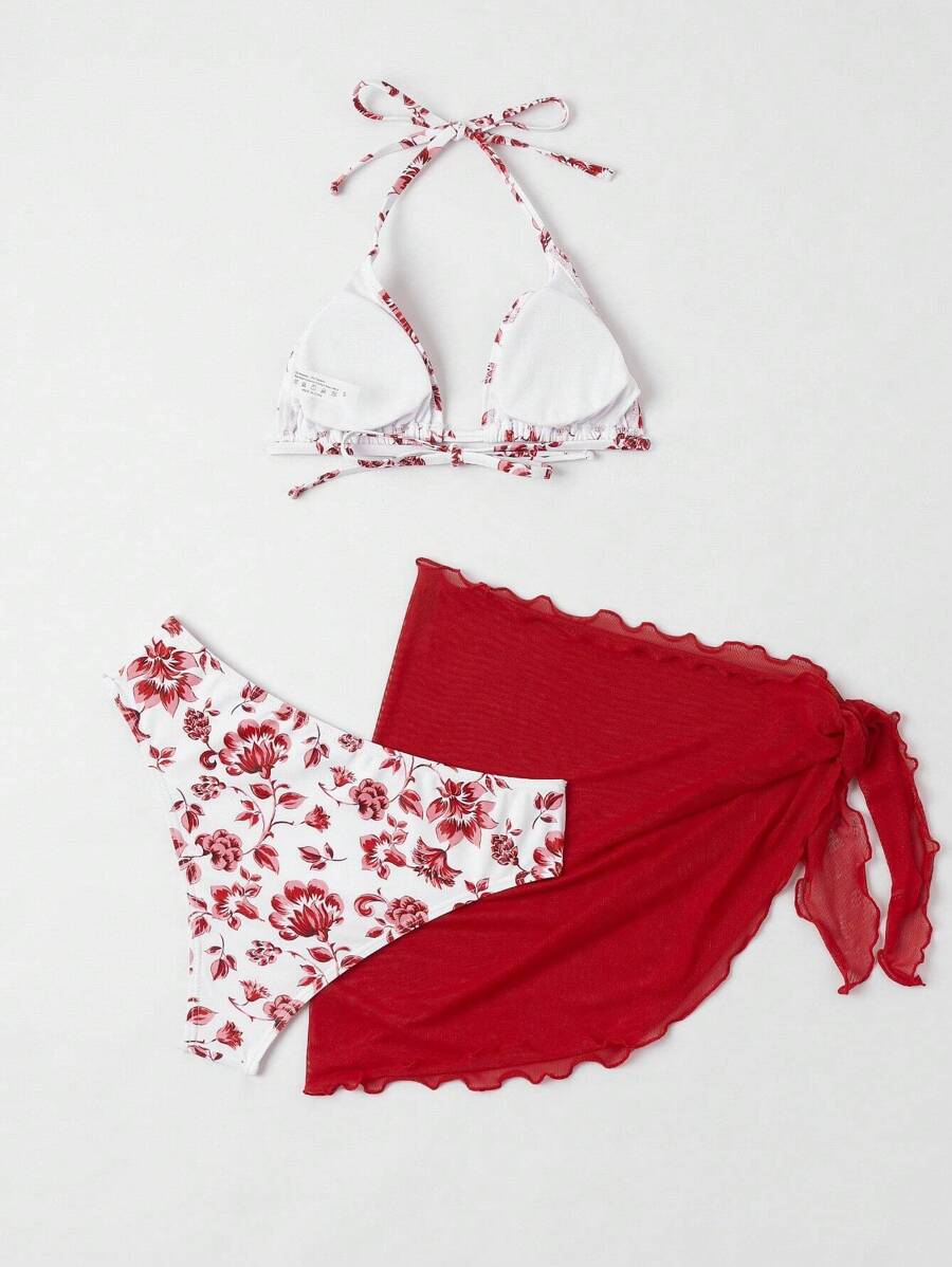 Düğüm Detaylı Çiçek Desenli Bikini Takımı