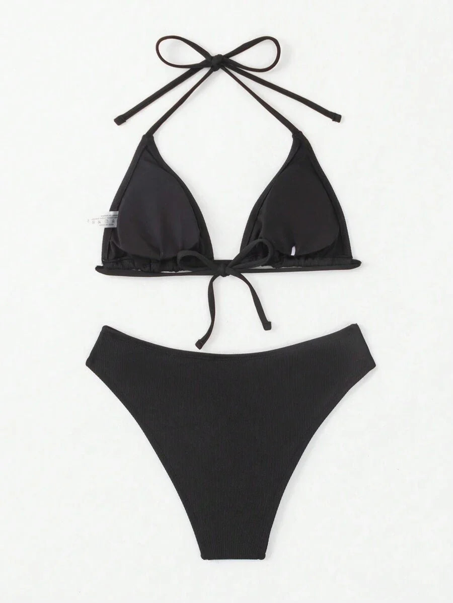 Çiçek Desenli Halter Bağcıklı Bikini Takımı