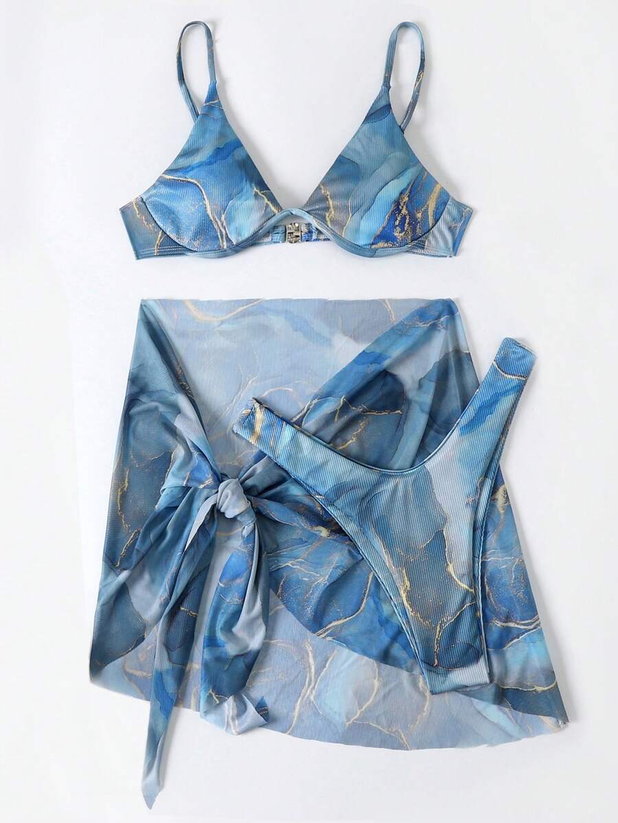 Mermer Desenli Düğümlü Bohem Bikini Takımı