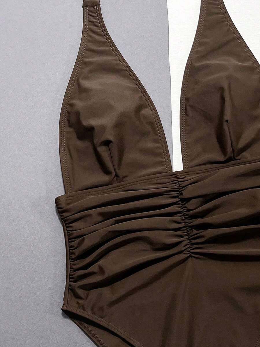 Halter Yaka Sade Tek Parça Mayo