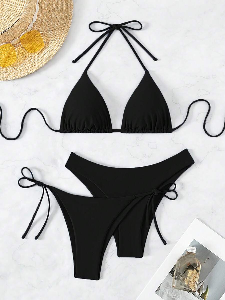 3 Parça Halter Üst + Üçgen Alt + Bağcıklı Şort Bikini Takımı
