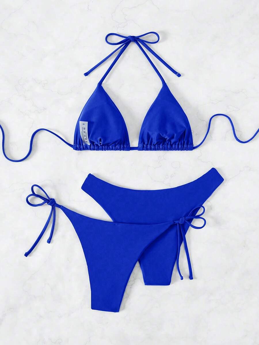 3 Parça Halter Üst + Üçgen Alt + Bağcıklı Şort Bikini Takımı