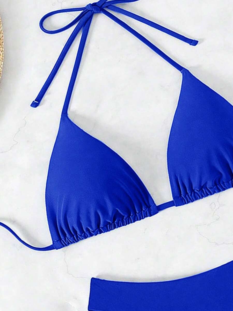 3 Parça Halter Üst + Üçgen Alt + Bağcıklı Şort Bikini Takımı