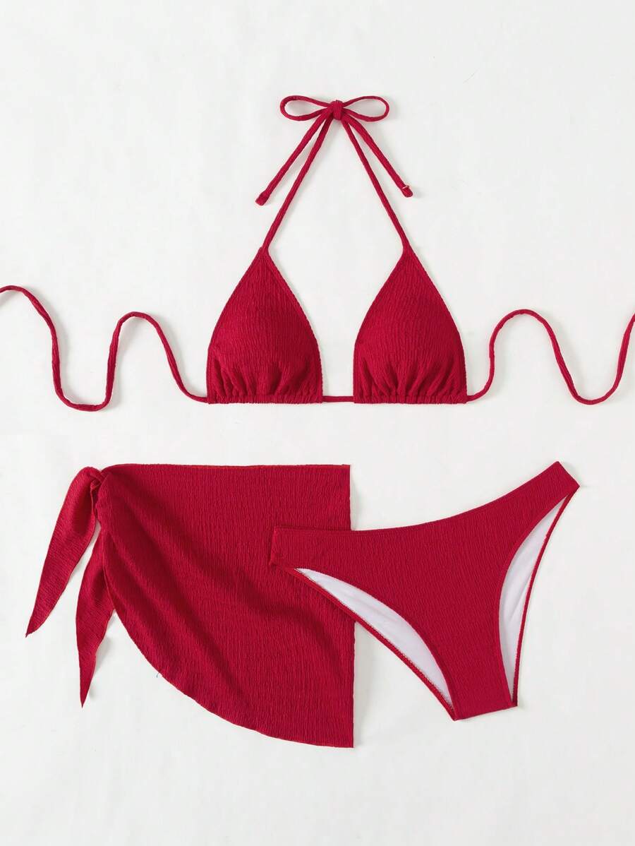 3 Parça Bikini Ve Düğümlü Mini Etek Takımı