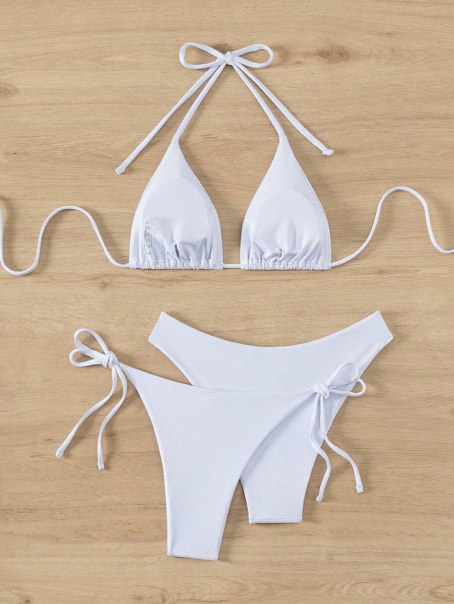 3 Parça Halter Üst + Üçgen Alt + Bağcıklı Şort Bikini Takımı