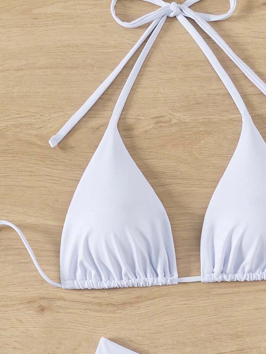 3 Parça Halter Üst + Üçgen Alt + Bağcıklı Şort Bikini Takımı