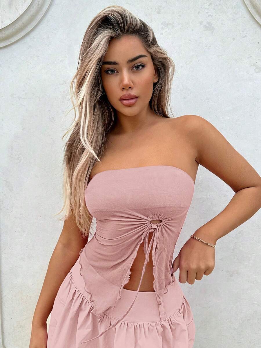 Asimetrik Büzgülü Fırfırlı Mini Üst