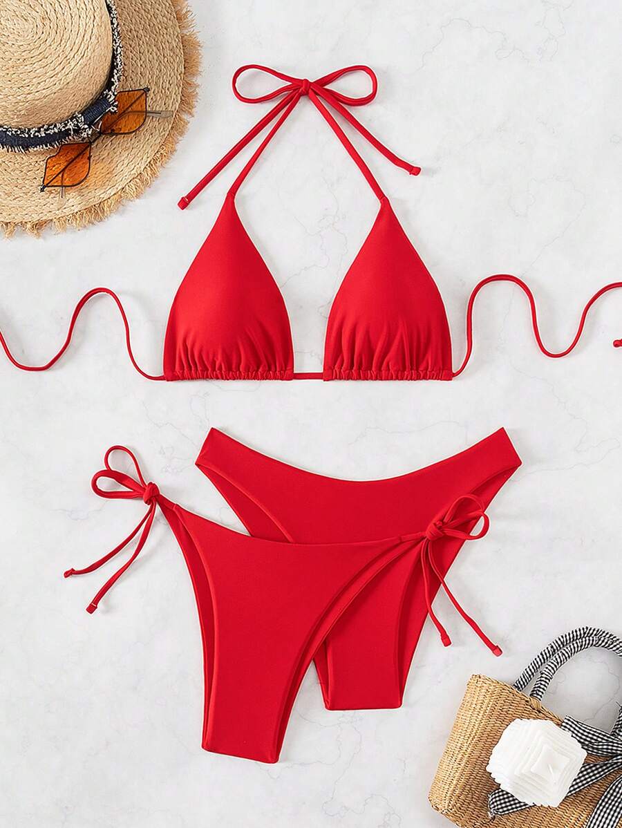 3 Parça Halter Üst + Üçgen Alt + Bağcıklı Şort Bikini Takımı