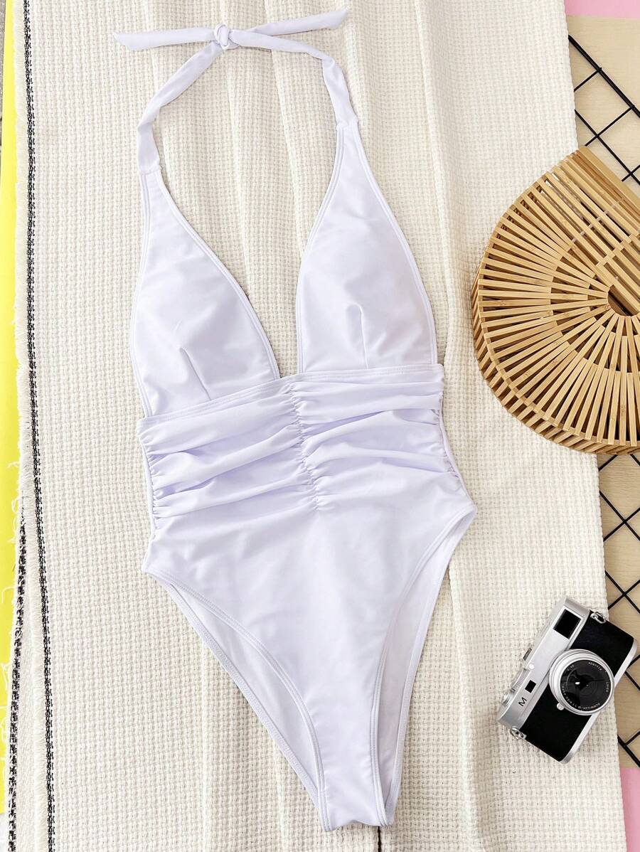 Halter Yaka Sade Tek Parça Mayo