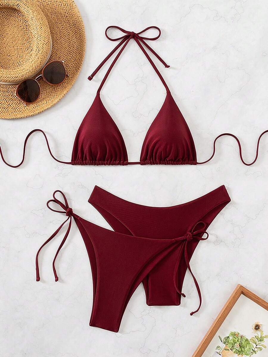 3 Parça Halter Üst + Üçgen Alt + Bağcıklı Şort Bikini Takımı