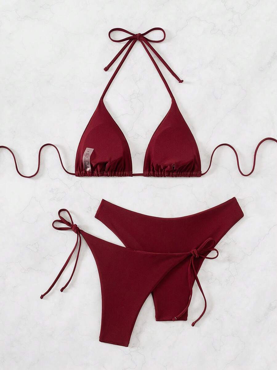 3 Parça Halter Üst + Üçgen Alt + Bağcıklı Şort Bikini Takımı