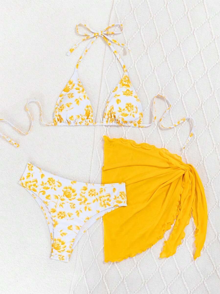 Düğüm Detaylı Çiçek Desenli Bikini Takımı