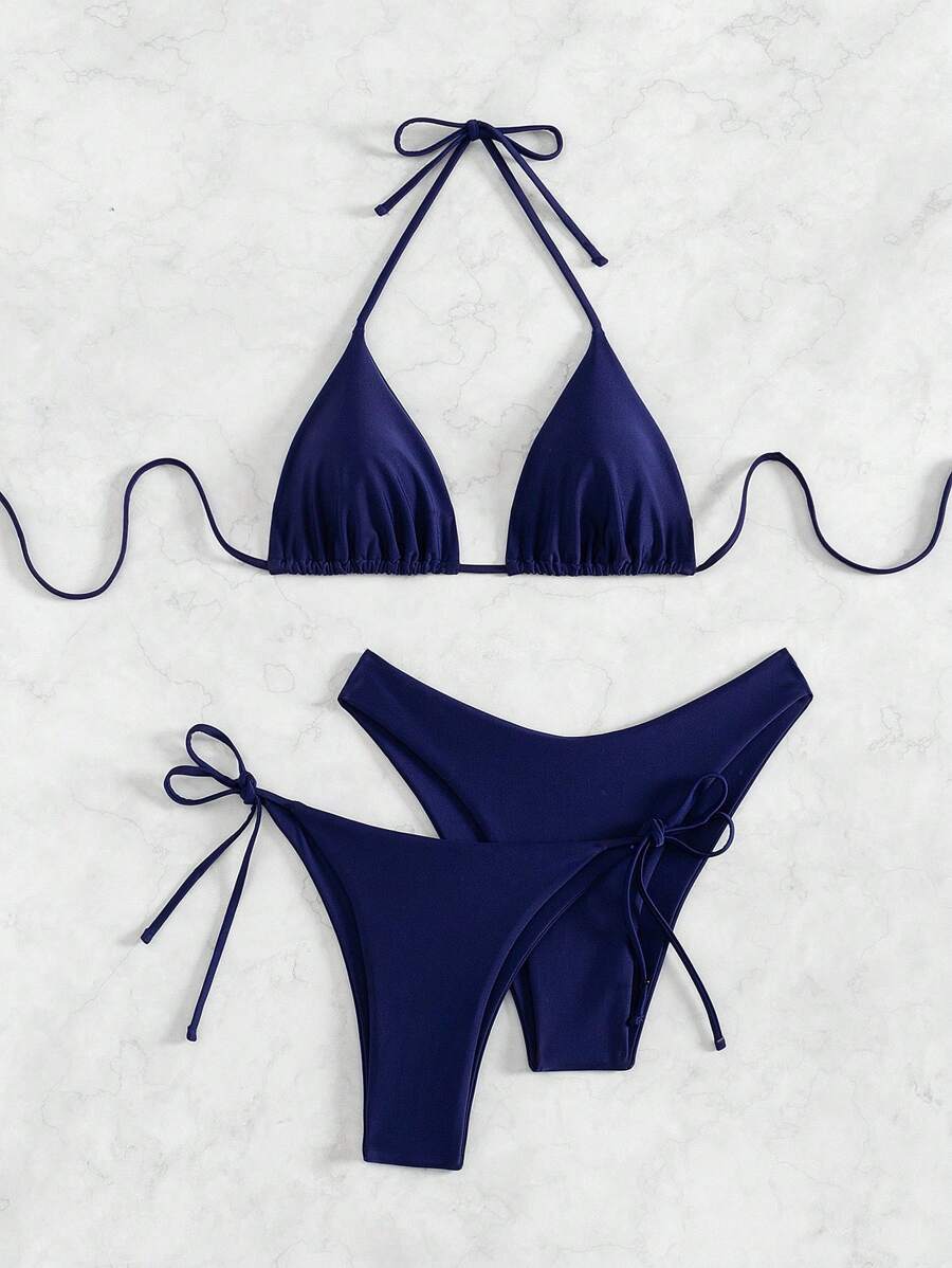 3 Parça Halter Üst + Üçgen Alt + Bağcıklı Şort Bikini Takımı