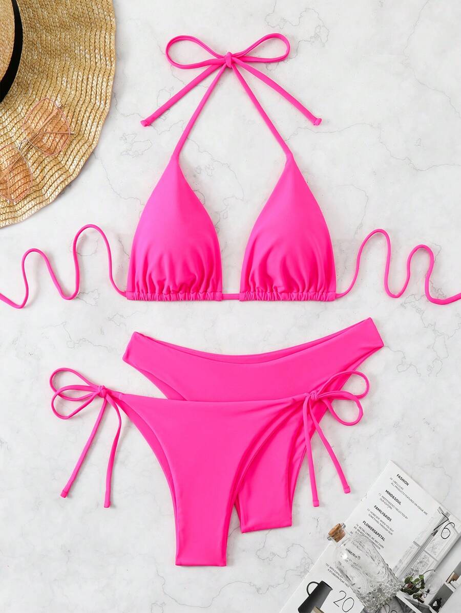 3 Parça Halter Üst + Üçgen Alt + Bağcıklı Şort Bikini Takımı