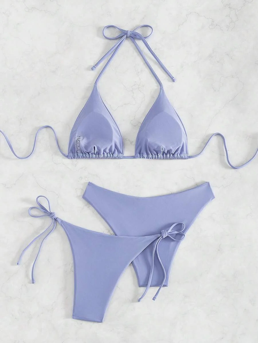 3 Parça Halter Üst + Üçgen Alt + Bağcıklı Şort Bikini Takımı