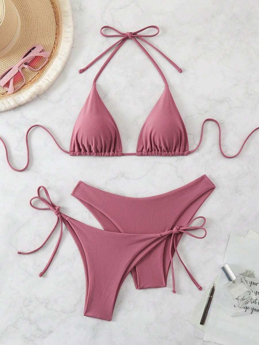 3 Parça Halter Üst + Üçgen Alt + Bağcıklı Şort Bikini Takımı