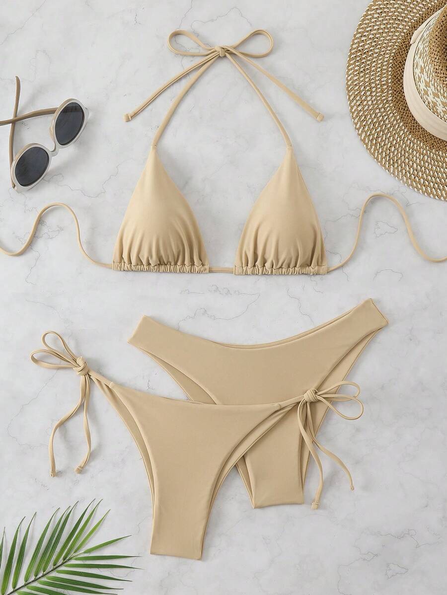 3 Parça Halter Üst + Üçgen Alt + Bağcıklı Şort Bikini Takımı