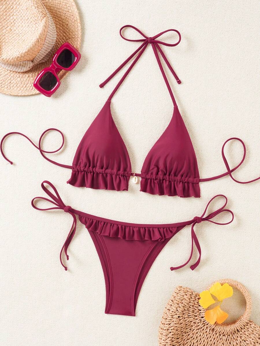 Fırfırlı Askılı Kırmızı Bikini Takımı