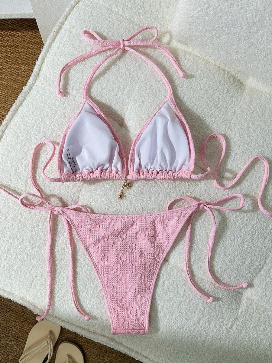 Jakarlı Metal Detaylı Askılı Bikini Takımı