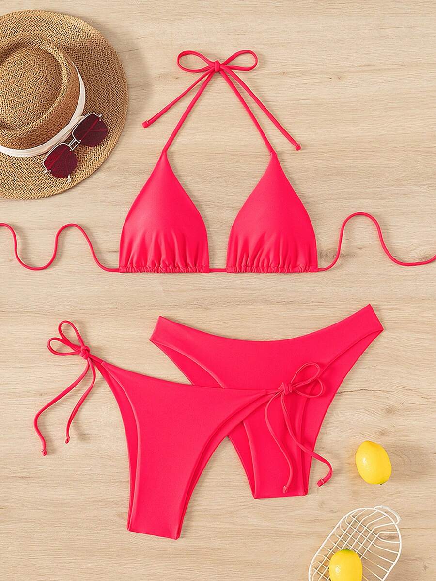 3 Parça Halter Üst + Üçgen Alt + Bağcıklı Şort Bikini Takımı