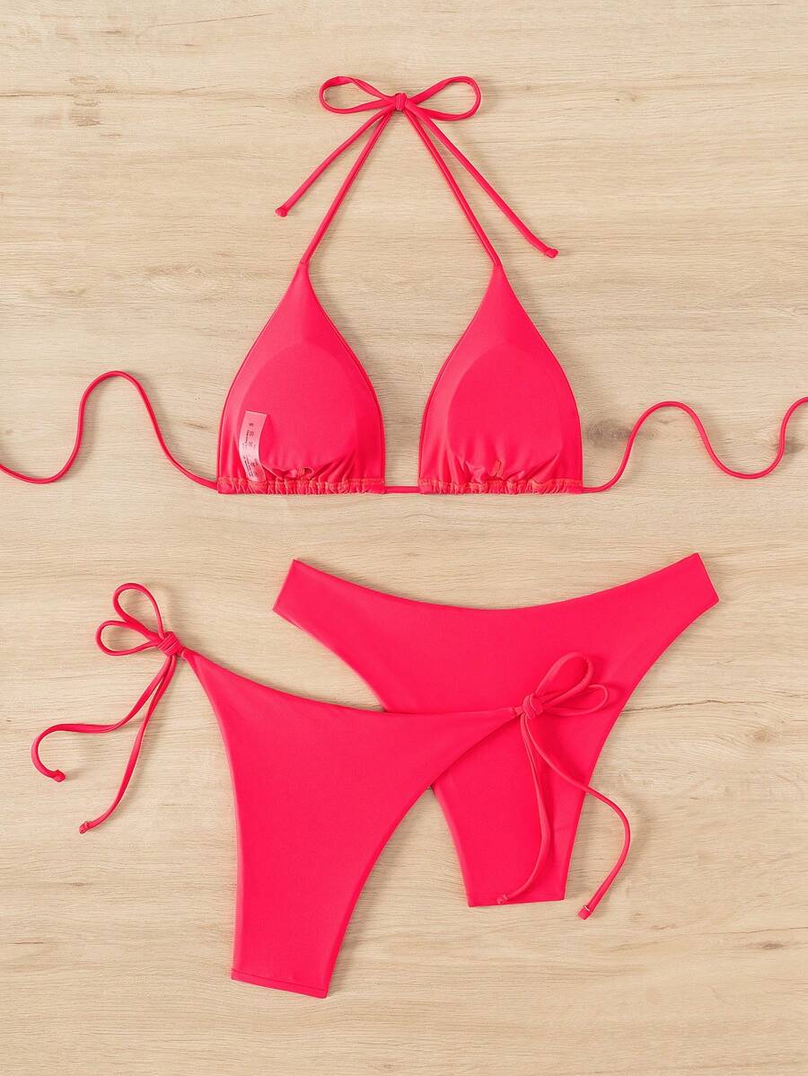 3 Parça Halter Üst + Üçgen Alt + Bağcıklı Şort Bikini Takımı