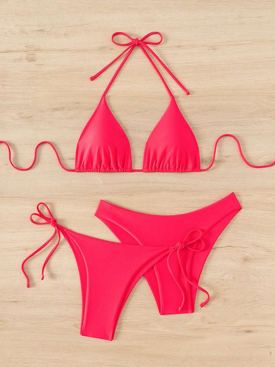 3 Parça Halter Üst + Üçgen Alt + Bağcıklı Şort Bikini Takımı