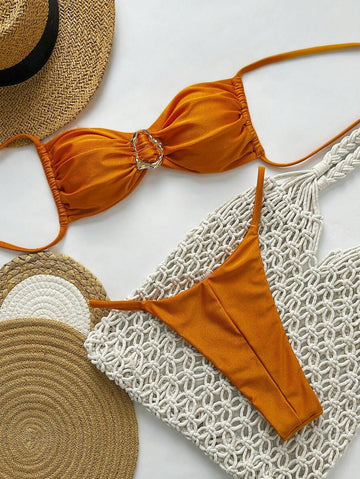 Pembe Straplez Bağcıklı Metal Detaylı Bikini Takımı