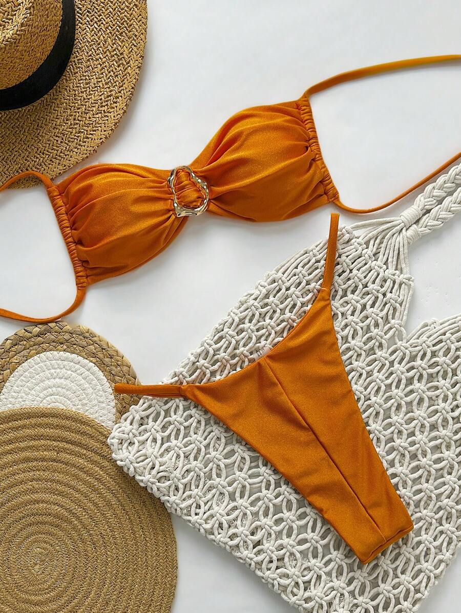 Pembe Straplez Bağcıklı Metal Detaylı Bikini Takımı